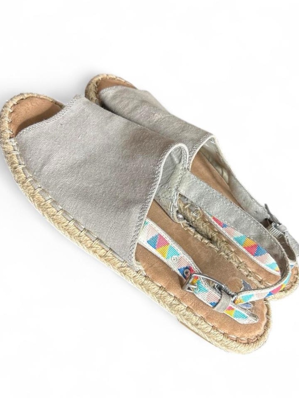 Tom’s Clara gray sling back espadrille  flat sandal, tribal print strap